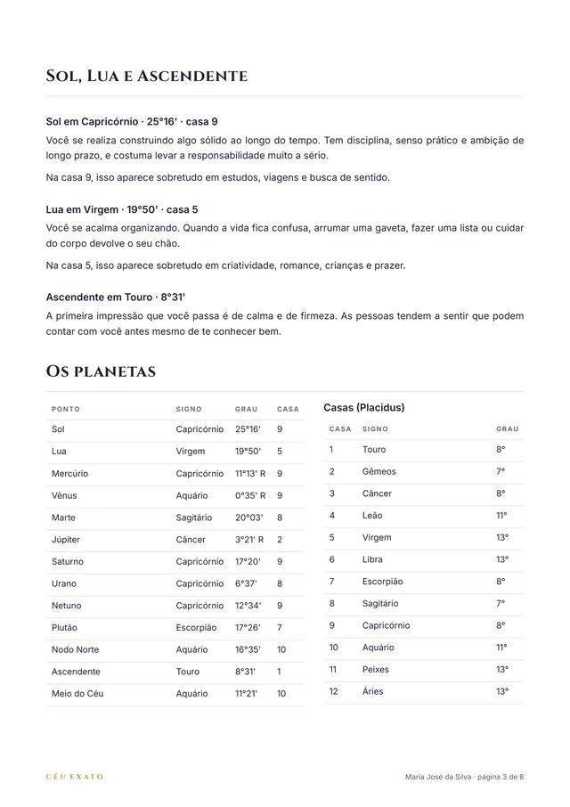 Página de Sol, Lua e Ascendente do PDF de exemplo